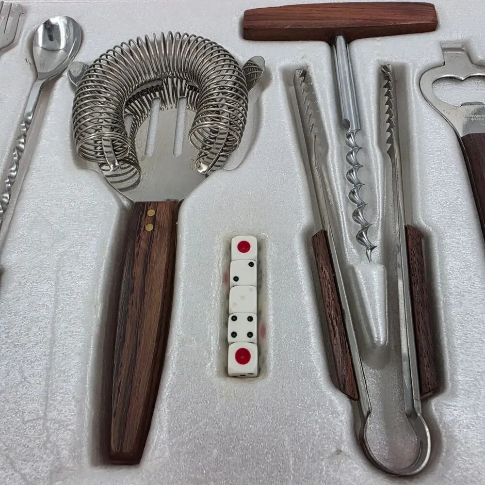 Vintage Kane Kutlery 7 Pc Bar Set Stainless Steel Wood Handles Japan Boxed MCM